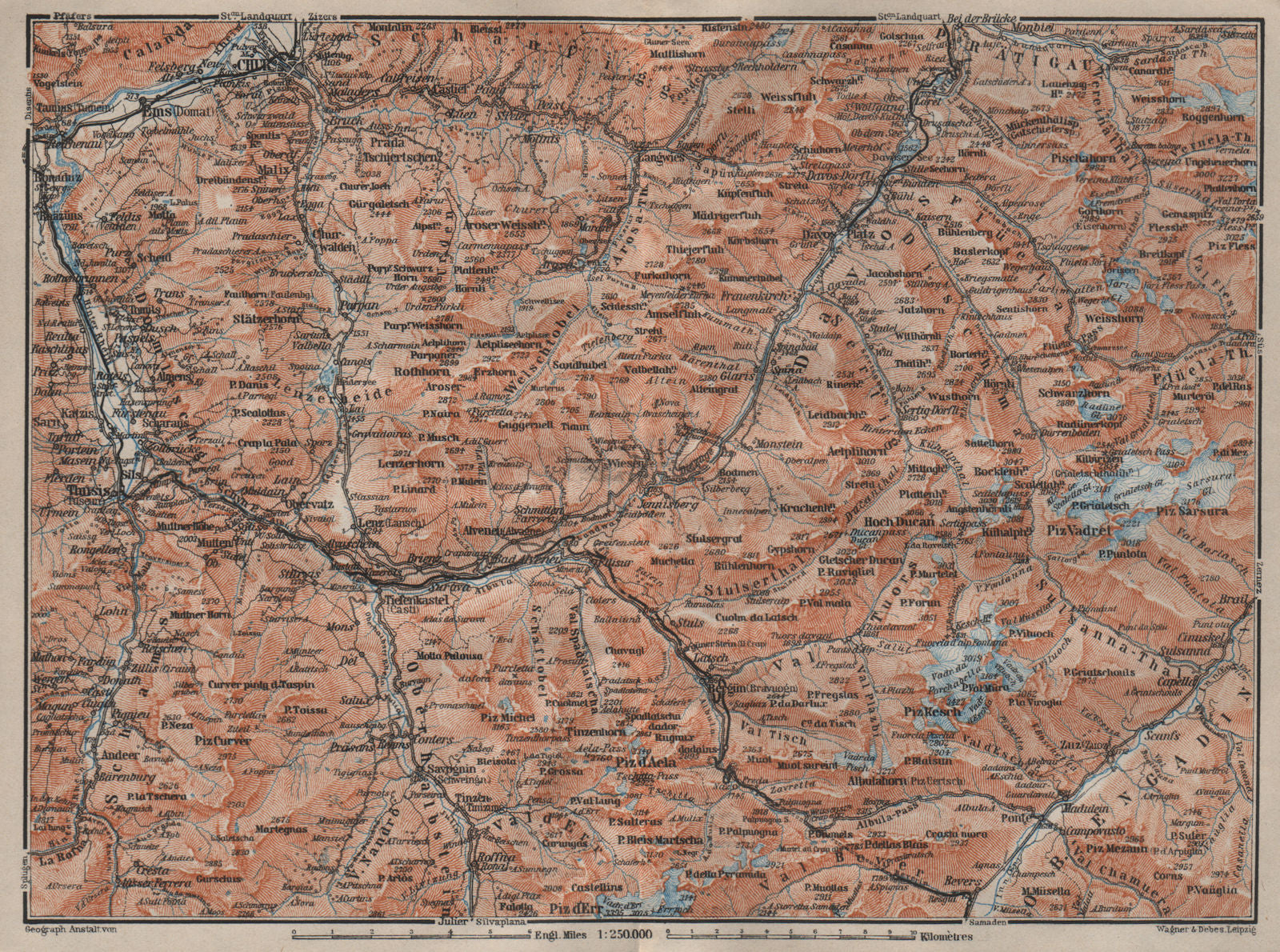 GRAUBÜNDEN/ALBULA ALPS. Chur-Samedan. Arosa Lenz Davos Savognin Thusis 1905 map